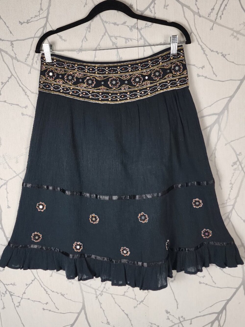 Savan Crinkle Cotton Beaded Embroidered Bohemian Flowy Skirt